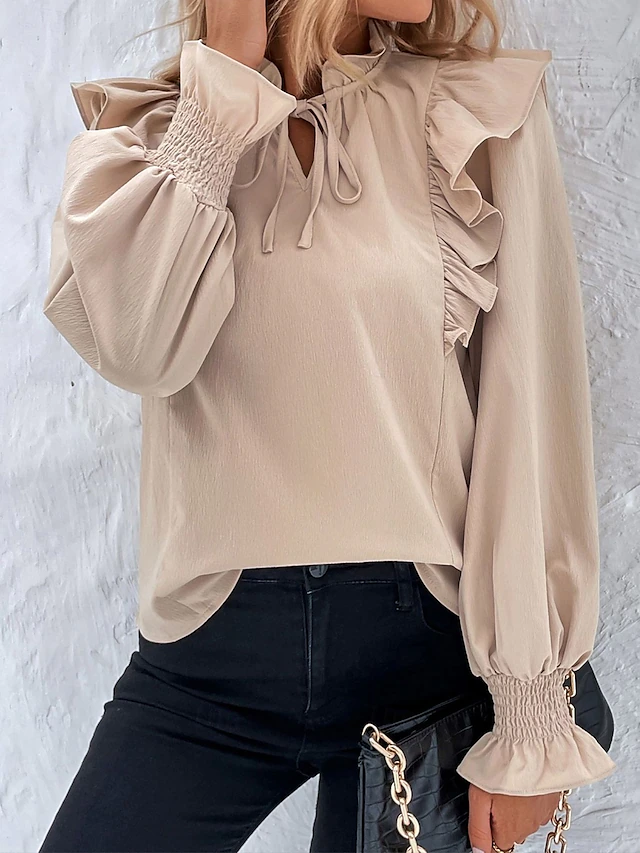 Women's Blouse Stylish Modern Ruffle Long Sleeve Regular Tops V Neck Work Daily Camel Spring Fall 5