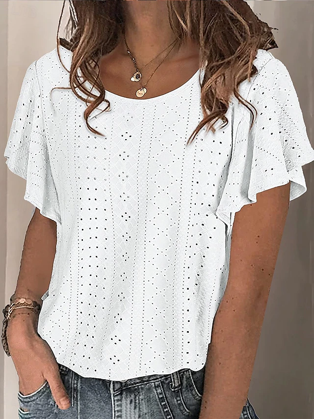 Women's White Elegant Lace Tops Eyelet Blouse Stylish Casual Solid Color Butterfly Sleeve Short Sleeve Regular Tops Crew Neck Daily Romantic Petite Tops Summer Holiday Wear White Pink Purple Green 6