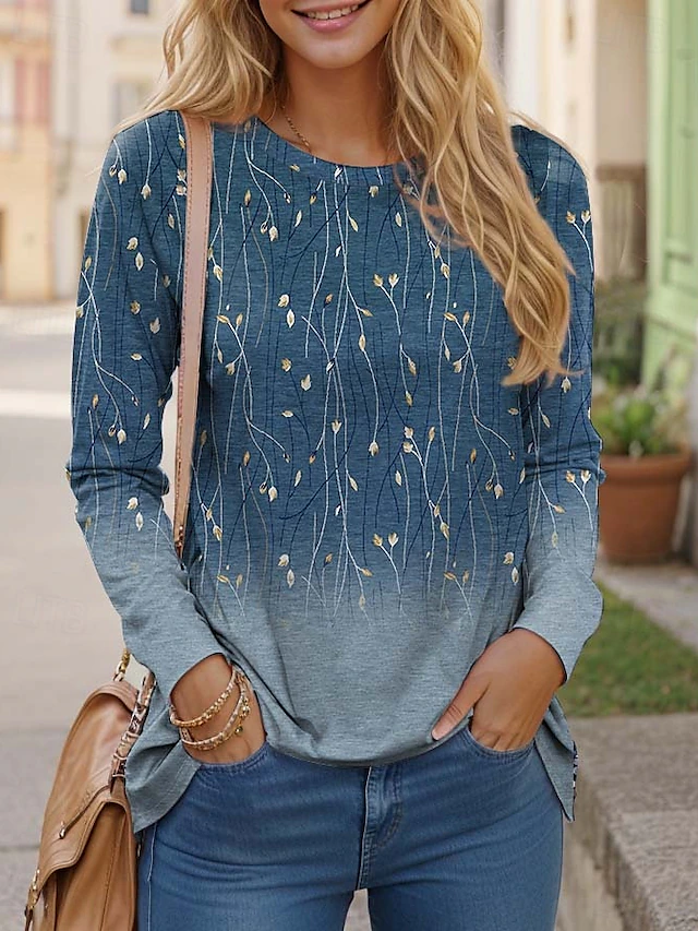 Women's T shirt Crew Neck Long Sleeve Tunic Casual Print Regular Tops Daily Navy Blue Blue Green Khaki Spring Fall 7