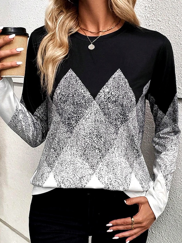 Women's T shirt Long Sleeve Crew Neck Long Sleeve Tunic Casual Print Regular Tops Daily Black Spring Fall Prefall 5