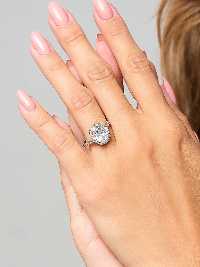  kvinders sølv moissanite halo forlovelsesring – ovalskåret funklende festbånd til kvinder