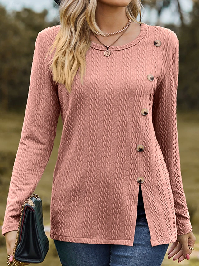 Women's Going Out Tops Stylish Basic Solid Color Buttons Asymmetrical Long Sleeve Regular Tops Crew Neck Daily Dusty Rose Spring Fall Winter 5