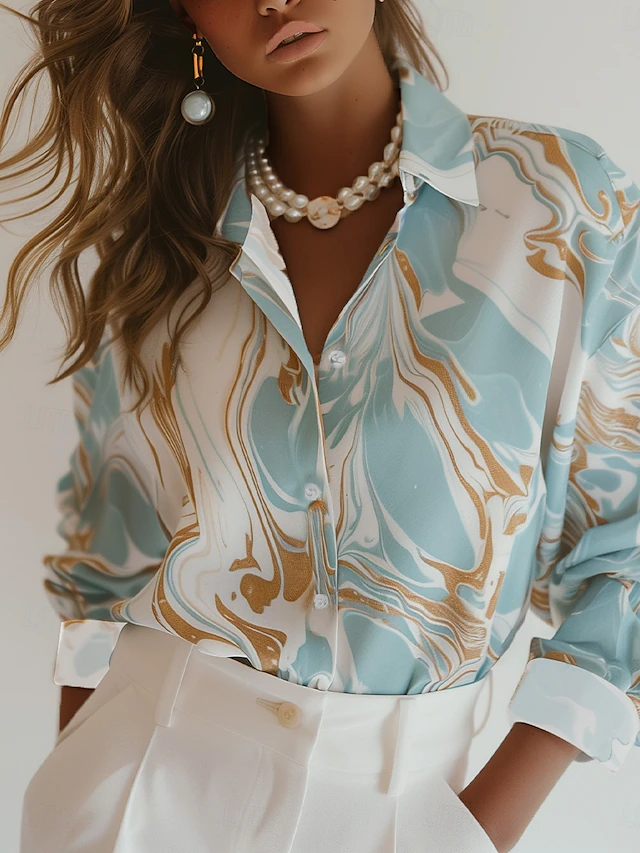 Women's Shirt Long Sleeve Button Down Blouse Marble Print Work Elegant Stylish Business Blue Summer Fall4