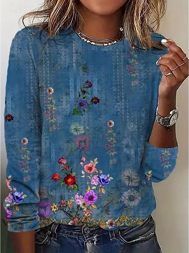 Natural Blue Loose O-Neck Print Fall Tee Half Sleeve