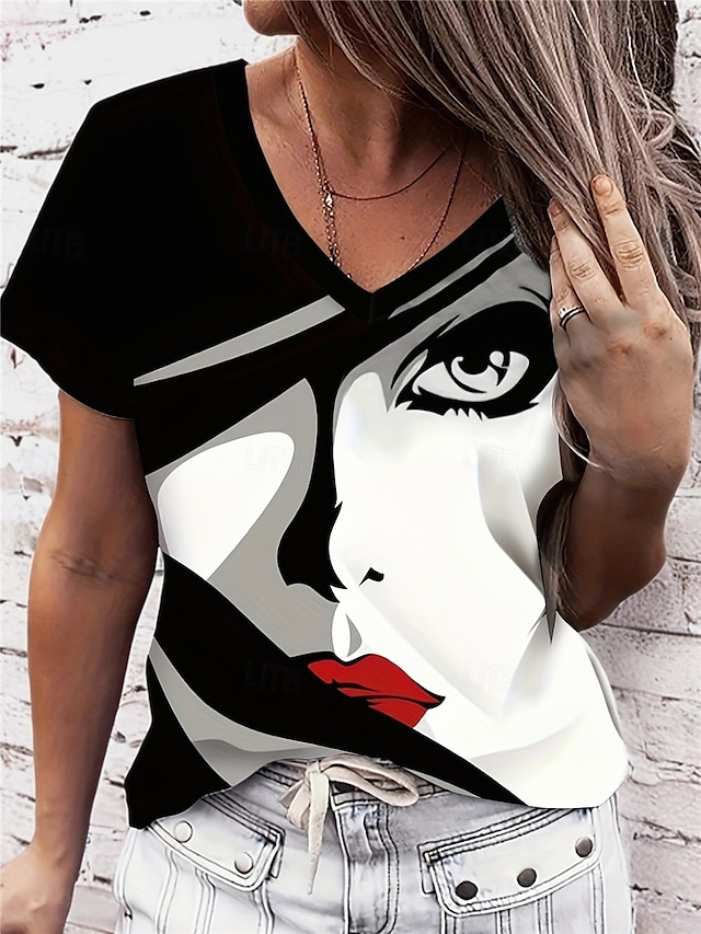  Dames T-shirt Abstract Casual Korte mouw Ronde hals Normale tops Dagelijks Afdrukken Zwart Zomer