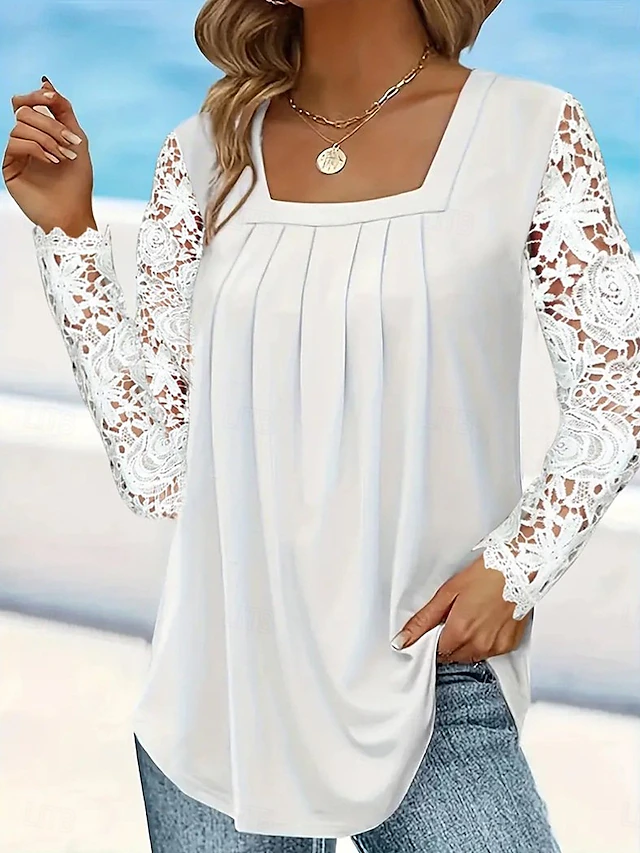 Women's White Elegant Lace Tops Eyelet Blouse Casual Solid Color Lace Long Sleeve Regular Tops Square Neck Daily Romantic Petite Tops Summer Holiday Wear White Pink Blue Spring Fall 5
