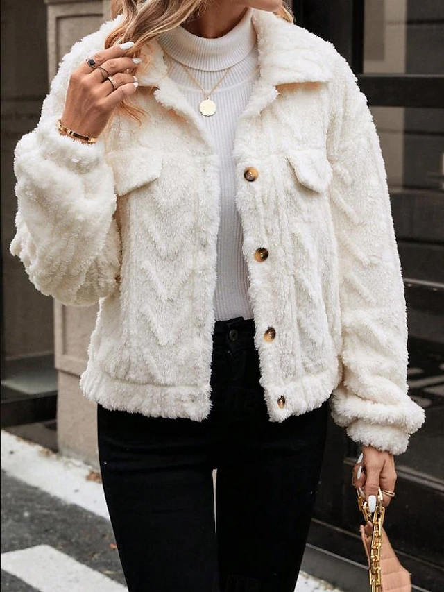 Women's Fleece Jacket Teddy Coat Warm Breathable Buttons Pocket Casual Plain Vacation Street Daily Wear Going out Single Breasted Regular Turndown Regular Fit Long Sleeve Outerwear White Fall Winter 6