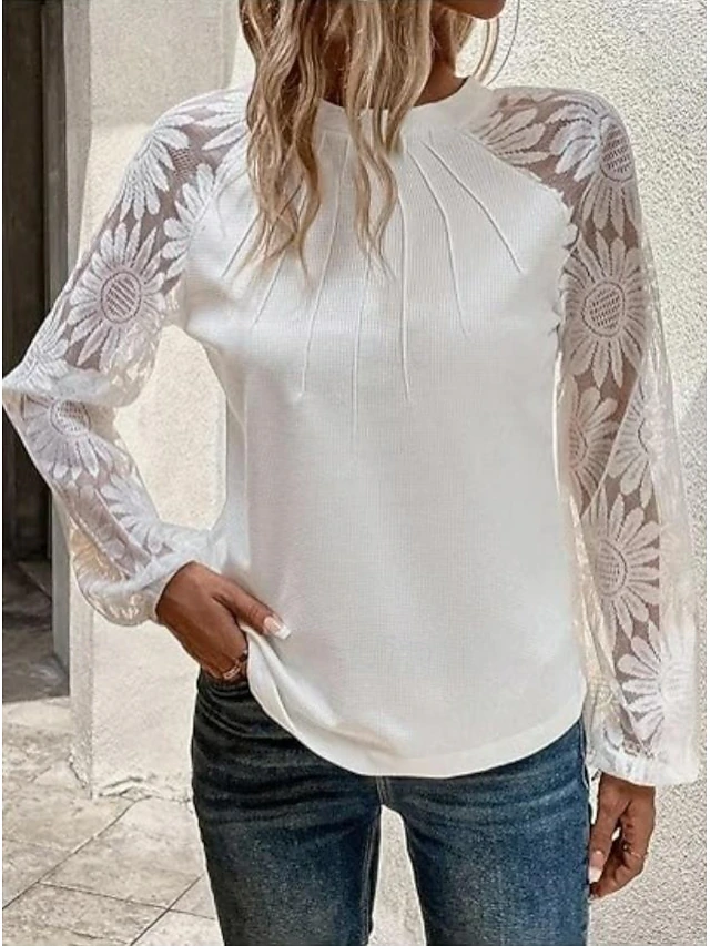 Women's Blouse Stylish Modern Long Sleeve Regular Tops Crew Neck Work Daily White Spring Fall4
