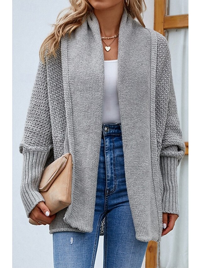 Women's Sweater Jacket Casual Soft Pure Color Shirt Collar Patchwork Long Sleeve Regular Tops Knit Outdoor Daily Weekend Gray Fall Winter 5