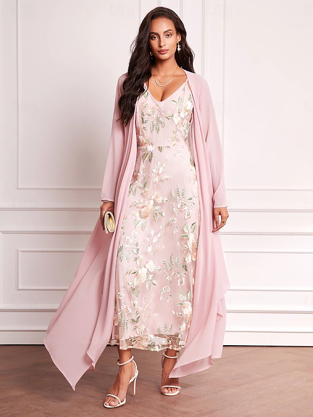 Women's Wedding Guest Dress Set Maxi Dress Chiffon Cardigan Embroidered Date Vacation Elegant V Neck Long Sleeve Pink Color Spring Summer Fall 8