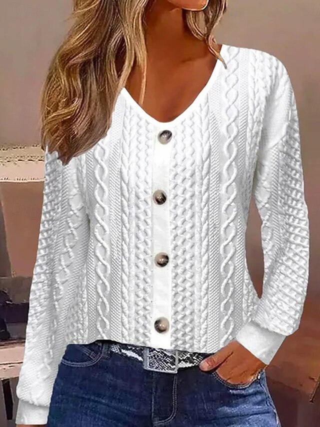 Women's Pullover Fashion Comfy Casual Crew Neck Buttons Long Sleeve White Spring Fall4