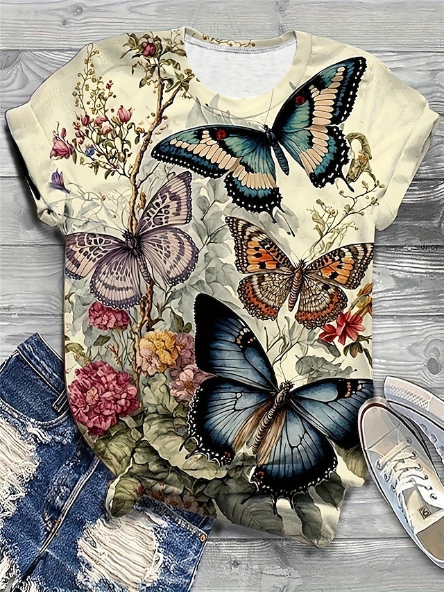 Women's T Shirt Casual Print Short Sleeve Regular Tops Daily Khaki Summer 6