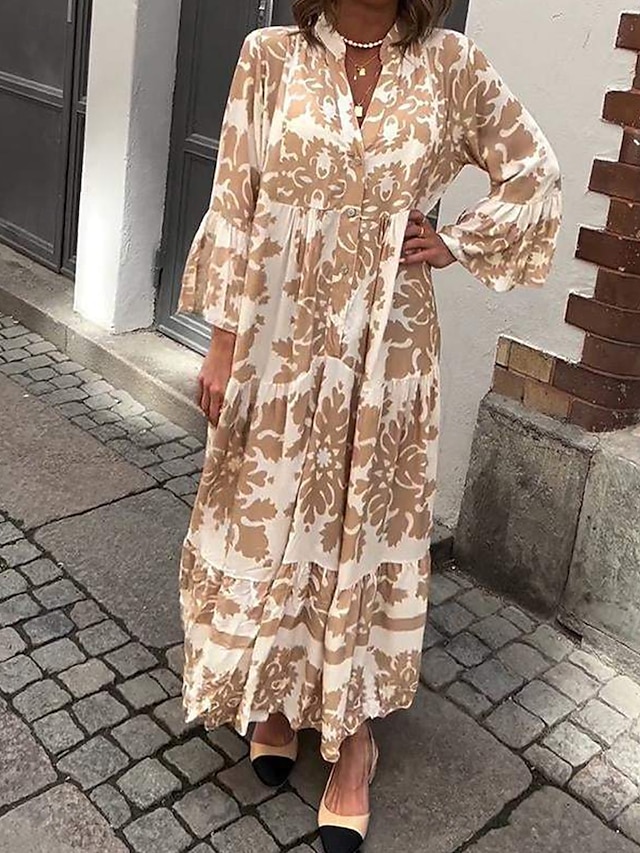  dámské šaty na směnu grafický potisk košile límeček maxi šaty elegantní stylové denní dovolená dlouhý rukáv léto jaro