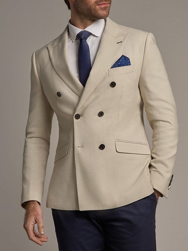  Blazer Masculino Bege Casual de Negócios Moda Preppy Jaqueta com Cor Sólida Ajuste Regular Poliéster