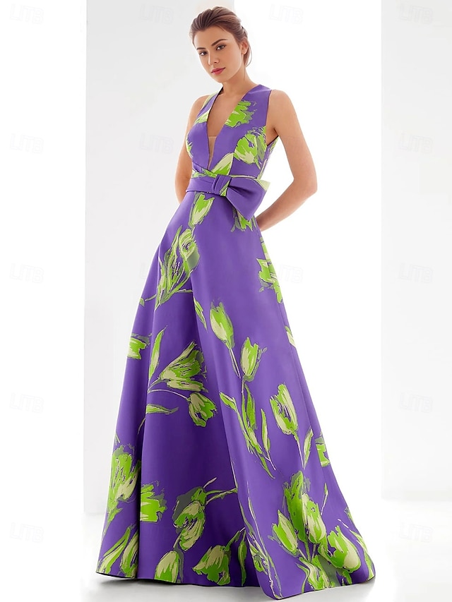  A-Linje Kveldsdrakt Elegant Kjole Formell Gulv Lengde Uten Ermer V Uten Ermer Sateng med Blomstertrykk Sløyfer Bryllupsgjest Kjole