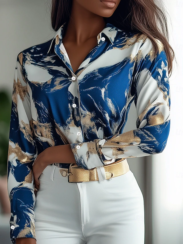 Women's Shirt Long Sleeve Button Down Blouse Elegant Stylish Business Print Regular Tops Shirt Collar Work Blue Summer Fall Winter4