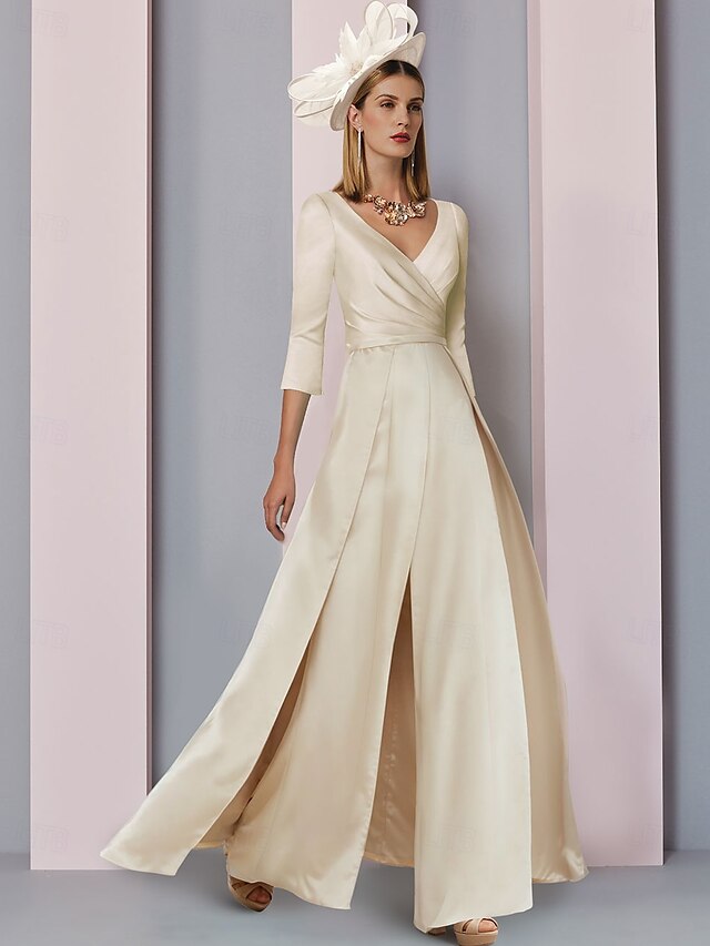  A-Line Mother of the Bride  Elegant Simple V Neck Floor Length Stretch Satin 3/4 Length Sleeve with Ruched 2025 free custom size