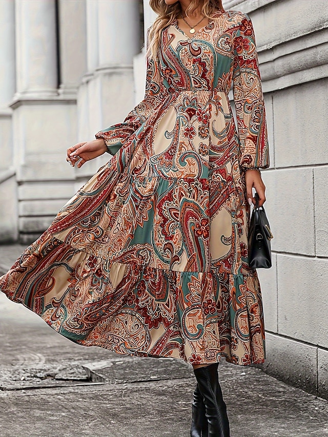 Women's Maxi Dress Casual Dress Boho Dress Casual Daily Loose Fit Graphic Long Sleeve V Neck Brown Spring Fall 5