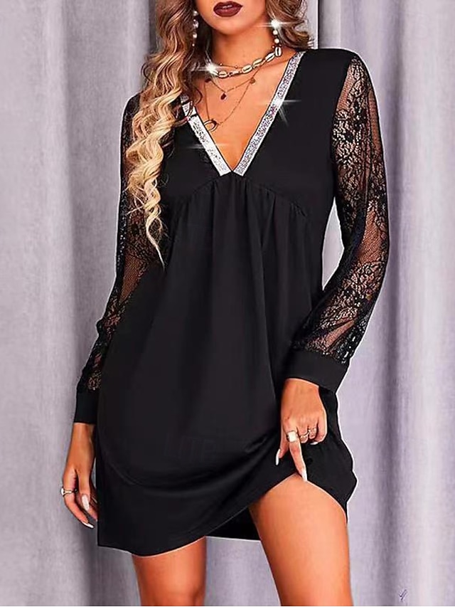  robe noire femme dentelle maille patchwork sequin mini robe unie col en V manches longues printemps automne noir