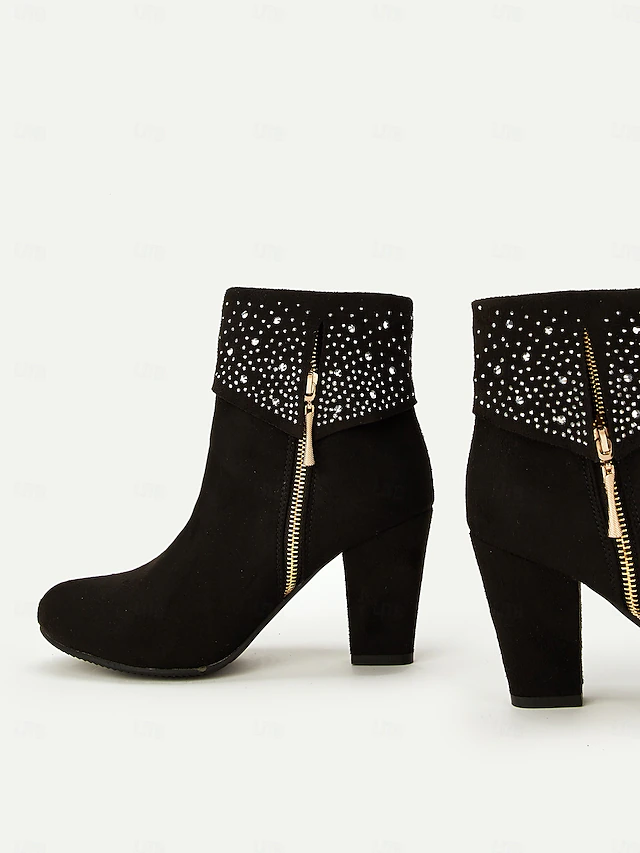 Stylish Black Ankle Boots with Rhinestone Detail - Chic Suede Finish, Side Zipper, Perfect for Evening Outfits and Special Occasions 10