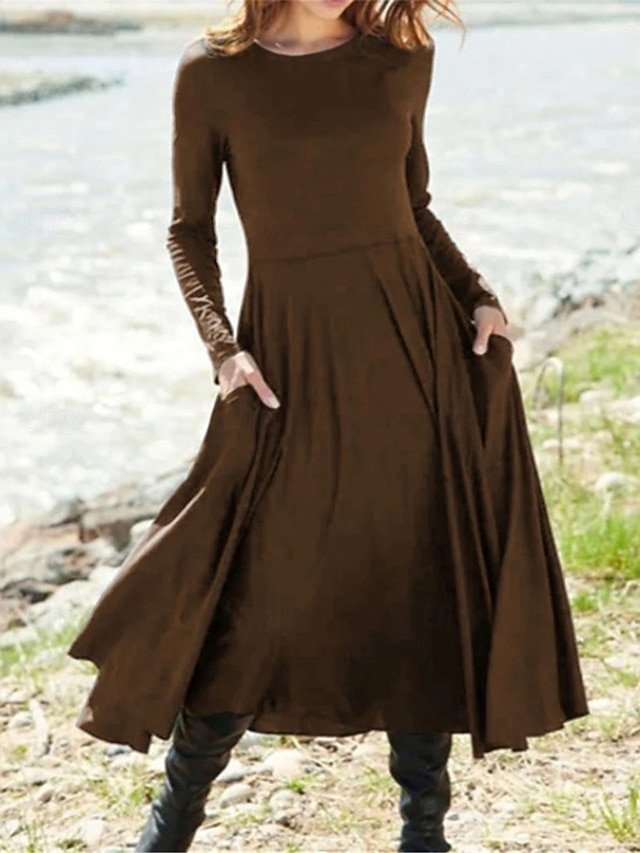  kvinners fritidskjole midikjole lomme date ferie streetwear basic rund hals lange ermer svart rød brun farge
