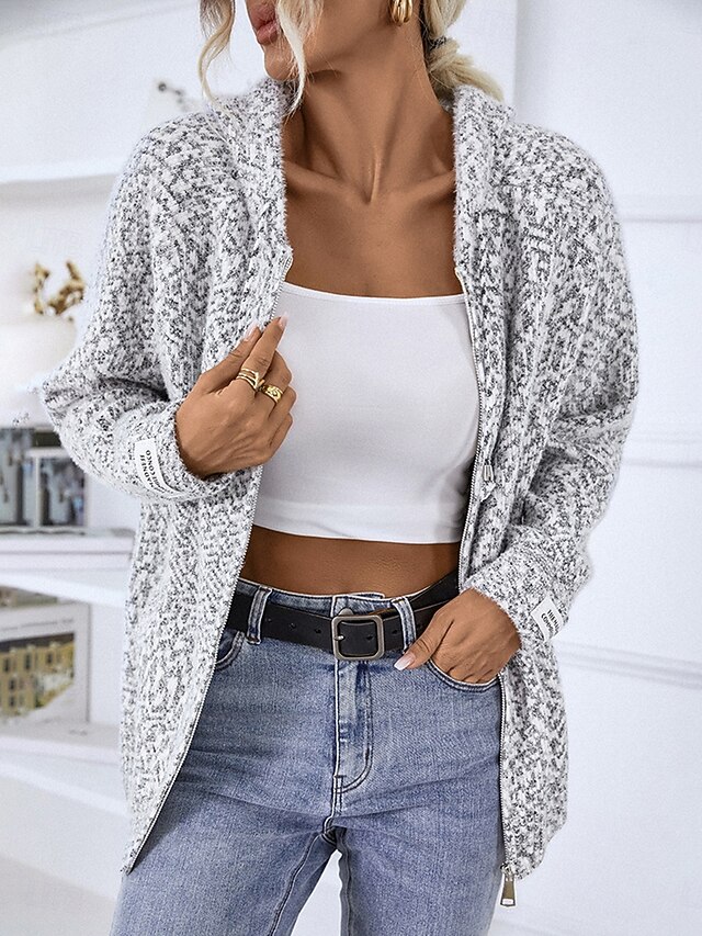 Women's Zip Sweater Sweater Jacket Casual Sweater Casual Soft Geometric Paisley Crew Neck Zipper Hooded Long Sleeve Regular Tops Knit Outdoor Daily Weekend Pink Beige Fall Winter 6