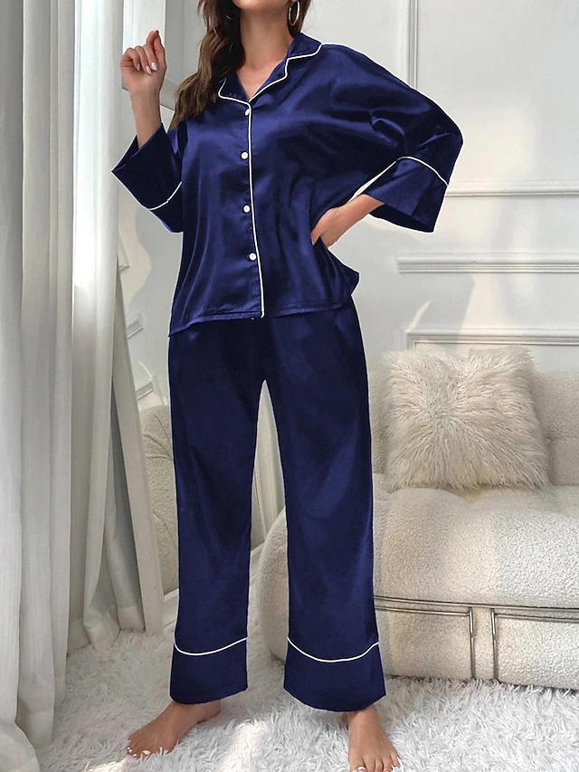 Women's Pajamas Sets Pure Color Fashion Comfort Home Daily Bed Faux Silk Silk Breathable Lapel Long Sleeve Shirt Pant Button Pocket Fall Home Outfits 26