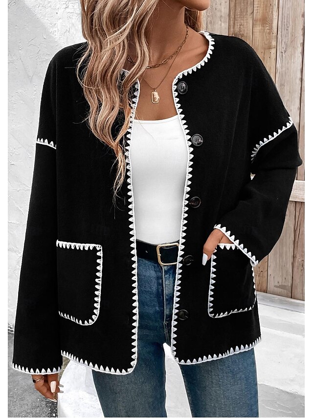  Women's Jacket Party Pocket Solid Color Windproof Fashion Loose Fit Outerwear Long Sleeve Fall Black S