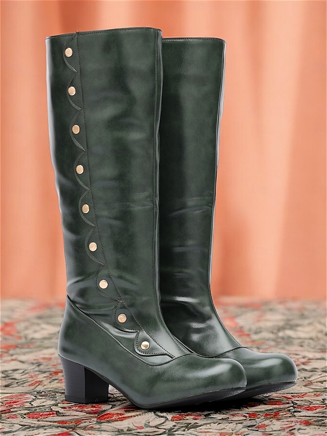  Damen Stiefel Knopfstiefel Retro Outdoor Arbeit Täglich Kniehohe Stiefel Knopf Blockabsatz Runde Zehe Elegant Vintage PU Schnalle Wein Schwarz Braun