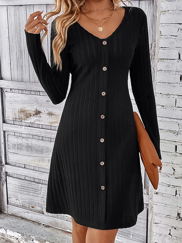 Women's Little Black Dress A Line Dress Fashion Workfashion Long Dress Maxi Dress Button V Neck Long Sleeve Plain Regular Fit Black Pink Green Spring Fall S M L XL 2XL 8