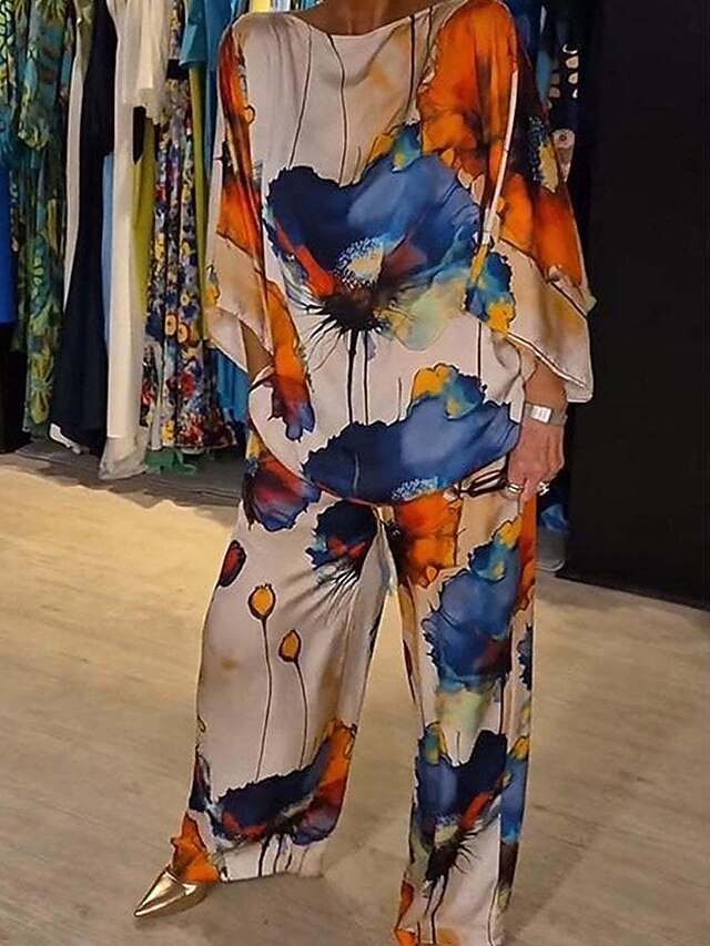 Women's Elegant Vintage Blouse Pants Trousers Long Sleeve Crew Neck Graphic Print Party Work Dailywear Blue Spring Loose Fit4