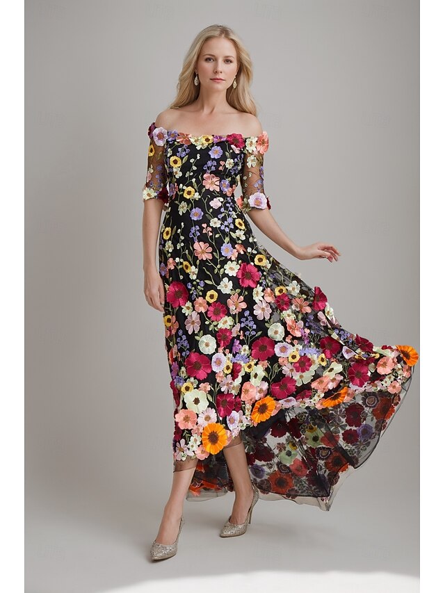 A-Line Wedding Guest Dresses Beach Wedding Floral Dress Semi Formal Garden Party Floor Length Half Sleeve Off Shoulder Fall Wedding Guest Tulle with Embroidery4