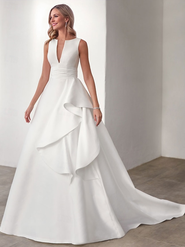  Abiti da sposa Abito A-Line V Collo Senza Maniche Lunghezza della Gamba Intera Satin Abiti da Sposa con Applique Colore Solido 2025
