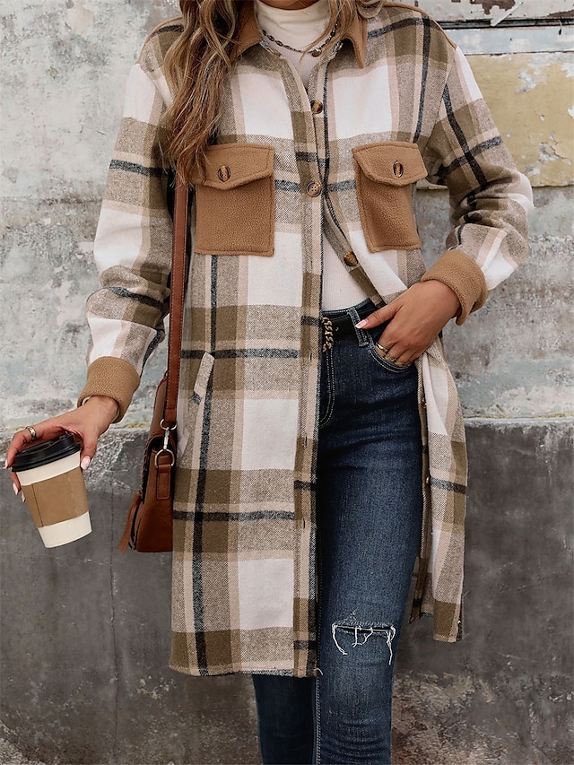  Dam Kappa Utomhus Gata Dagliga kläder Höst Vinter Normal Täcka Normal Håller värmen Andningsfunktion Stylish Ledigt Jacka Långärmad Ränder och pläd Med fickor Kaffe