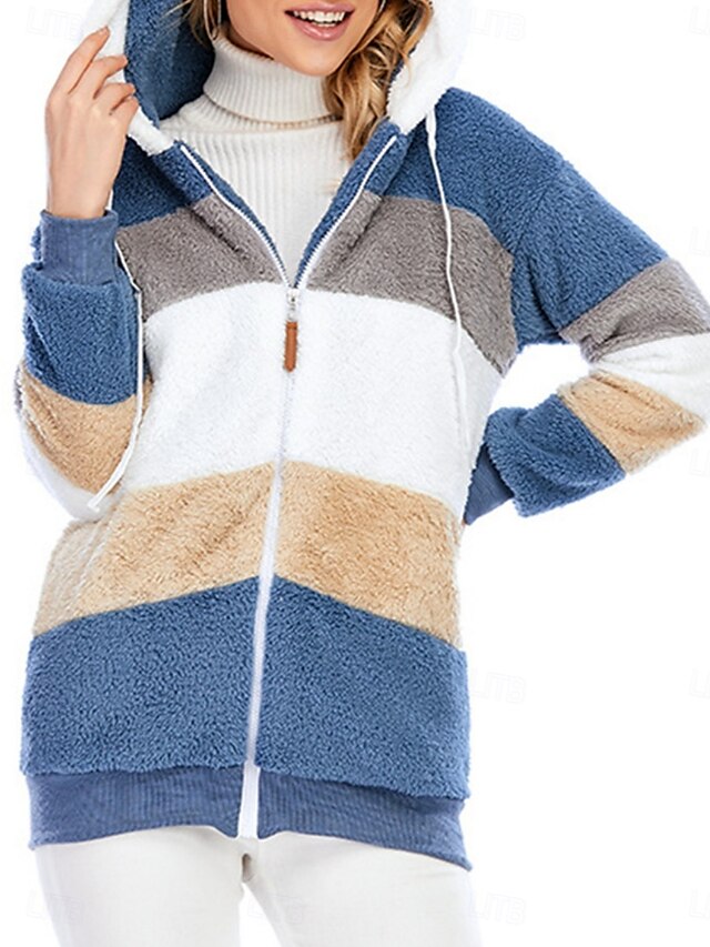  Damen Fleecejacke Teddy-Mantel Hoodie Jacke warm halten Atmungsaktiv Zip Tasche Innenfutter aus Fleece Brautkleider schlicht Streetstyle Farbblock Urlaub Strasse Freizeitskleidung Ausgehen