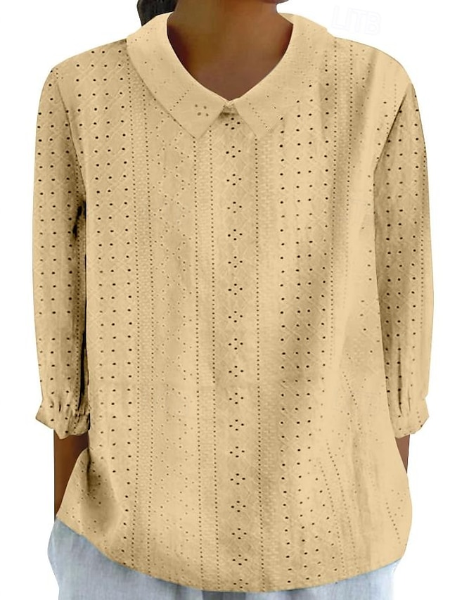 chemisier femme élégant moderne évider manches 3/4 hauts réguliers col chemise travail quotidien jaune bleu ciel bleu vert printemps automne