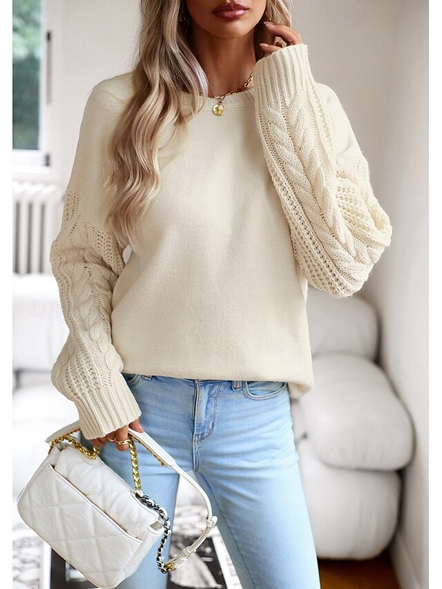 Women's Sweater Pullover Sweater Jumper Casual Sweater Fashion Streetwear Soft Solid Color Crew Neck Braided Long Sleeve Regular Tops Knit Work Weekend Black White Fall Winter 10