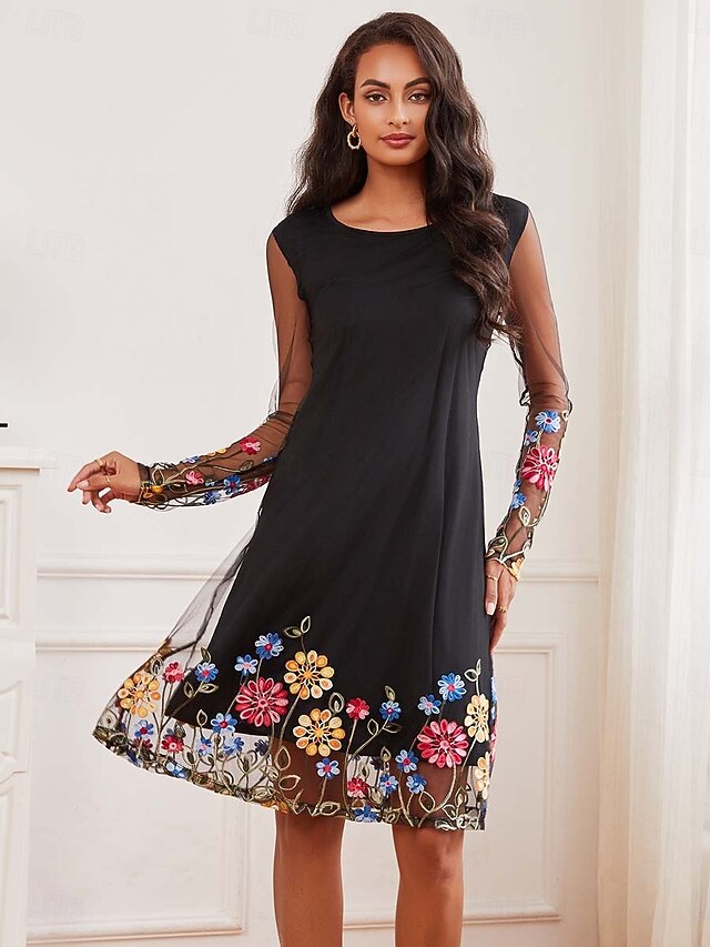 Women's Black Dress Midi Dress Mesh Patchwork Floral Embroidery Elegant