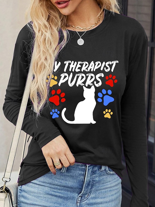  T-shirt pour femme 100% coton Tee Week-end Mode Basique À manches longues Noir Printemps  Automne