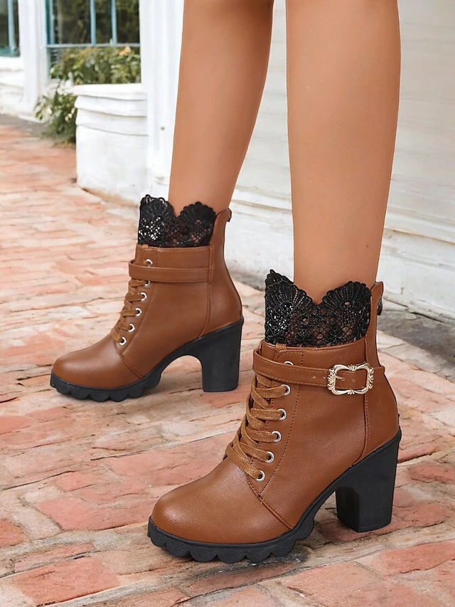 Stylish Women's Lace-Trimmed Ankle Boots with Gold Buckle and Chunky Heel - Perfect for Casual and Dressy Occasions 8