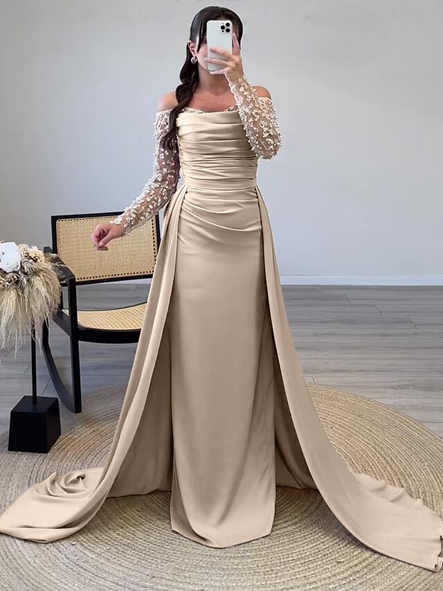 Sheath Evening Gown Elegant Dress Formal Floor Length Long Sleeve Off ShoulderMother Of the Bride Dress Satin with Pearls Overskirt 5