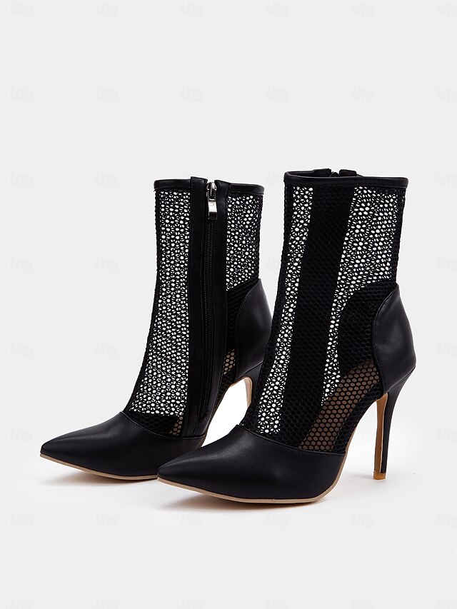Women's Black Mesh Stiletto Ankle Boots with Pointed Toe and Zip Closure - Sexy High Heel Booties for Evening Events and Parties 6