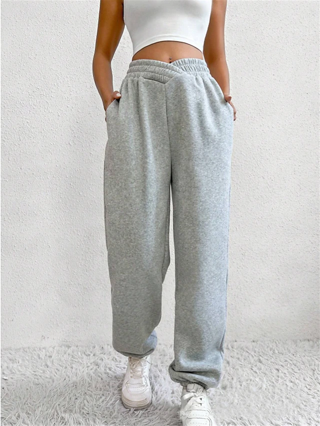 Women's Sweatpants Chinos Fashion Ethnic Style Full Length High Waist Pocket Elastic Waistband Comfy Soft Comfortable Micro-elastic Outdoor Street Light Gray Dark-Gray Black Fall Winter Loose Fit 10