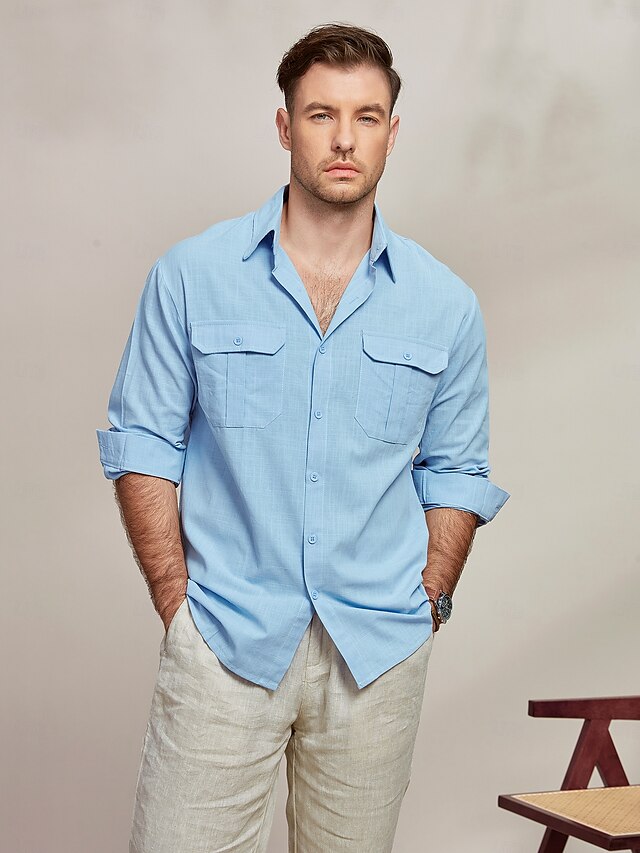  Herren Hemd Hemd aus Baumwollleinen Sommerhemd Strandbekleidung Lässiges Hemd Knopfhemd Glatt Casual Täglich Blau Langarm Kargen Frühling Sommer Bekleidung Tasche