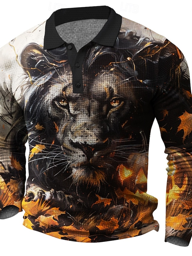  Grafisk Lejon Herr Våffelpikétröja golfpolo Långärmad Fest / Kväll Vardag Semester Vår Höst Vinter Knapp 3D-utskrift Krage Svart Microelastisk Polyester