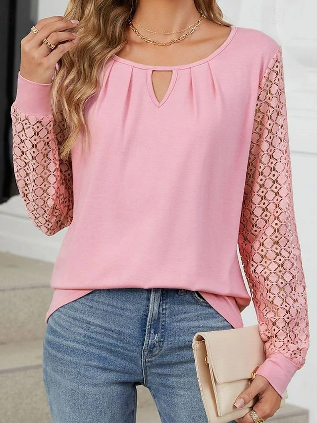 Women's Blouse Rayon Elegant Stylish Modern Solid Color Mesh Backless Patchwork Long Sleeve Crew Neck Daily Black White Pink Blue Spring Fall Winter 10