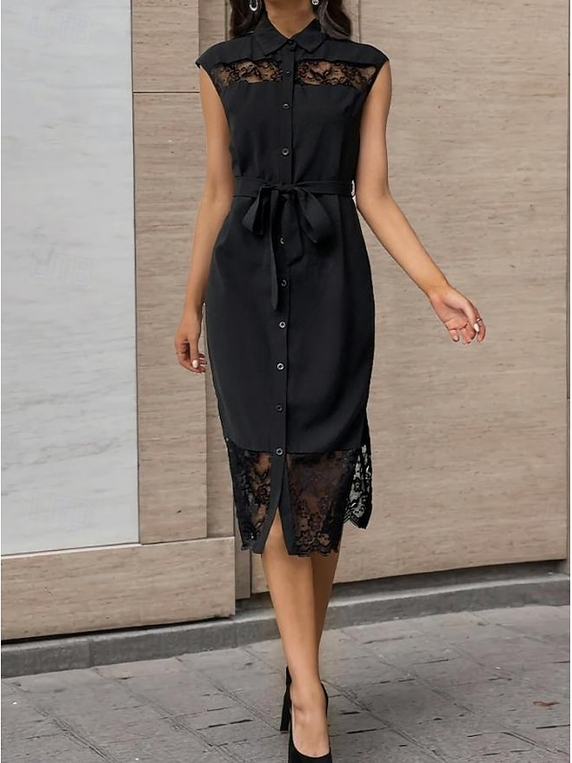  robe noire Robe unie Femme Robe mi-longue Lacet Dentelle Plein Air Rendez-vous Décontractées Col de Chemise Sans Manches Standard Noir S M L XL