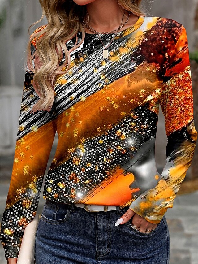 Halloween Women's T shirt Long Sleeve Crew Neck Long Sleeve Tunic Casual Print Regular Tops Daily Orange Spring Fall Prefall4