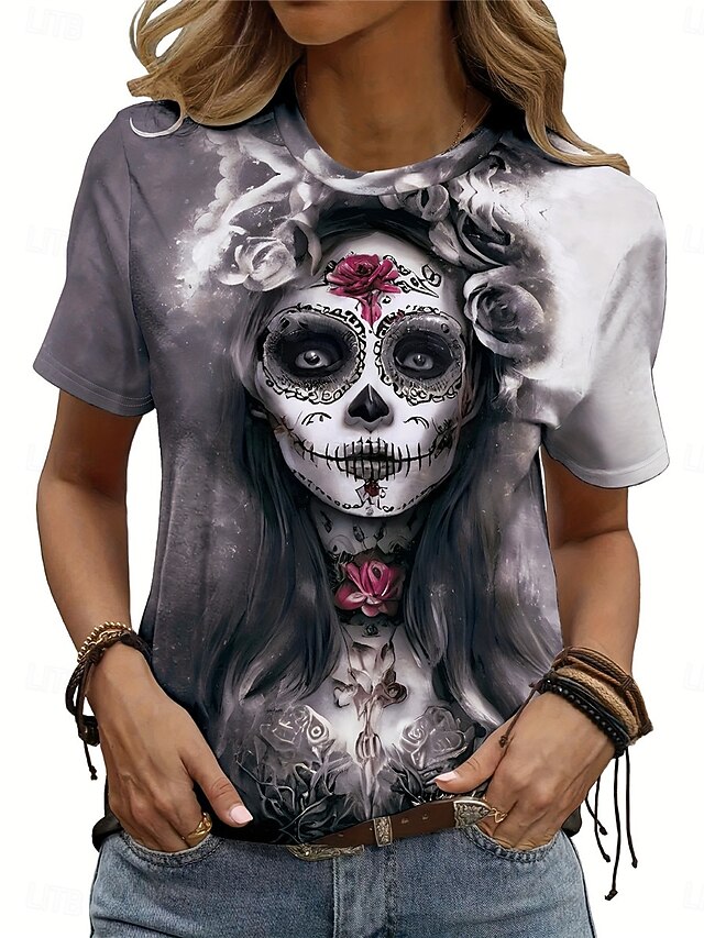 Halloween Women's T Shirt Skulls Tee Print Casual Short Sleeve Crew Neck Gray Summer4