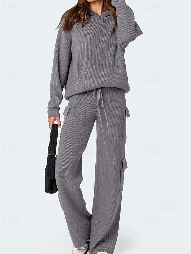 Women's Pullover Sweater Jumper Daily Casual Solid Color Hooded Pocket Long Sleeve Regular Tops Knit Home Work Daily Gray Fall Winter 6